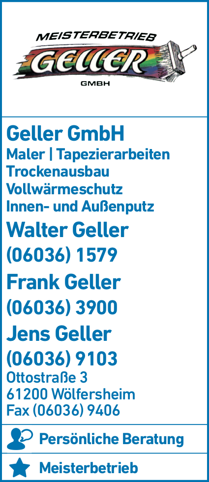 Anzeige Geller GmbH Malerbetrieb, Innenputz u. Fassadenarbeiten