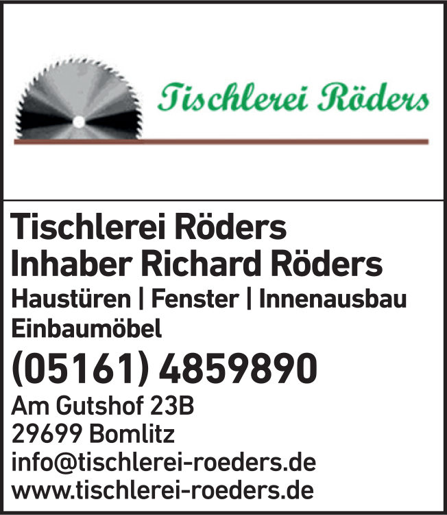 Anzeige Tischlerei Röders Inh. Richard Röders Anzeige Tischlerei Röders Inh. Richard Röders