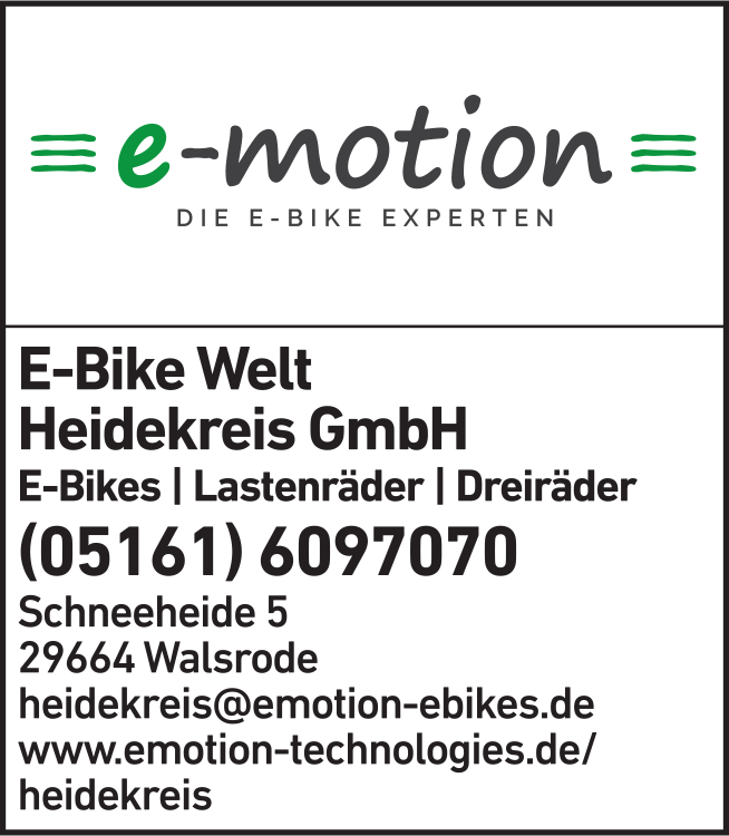 Anzeige e-motion Welt Heidekreis GmbH E-Bike & Pedelec Experte in Walsrode im Heidekreis Anzeige e-motion Welt Heidekreis GmbH E-Bike & Pedelec Experte in Walsrode im Heidekreis