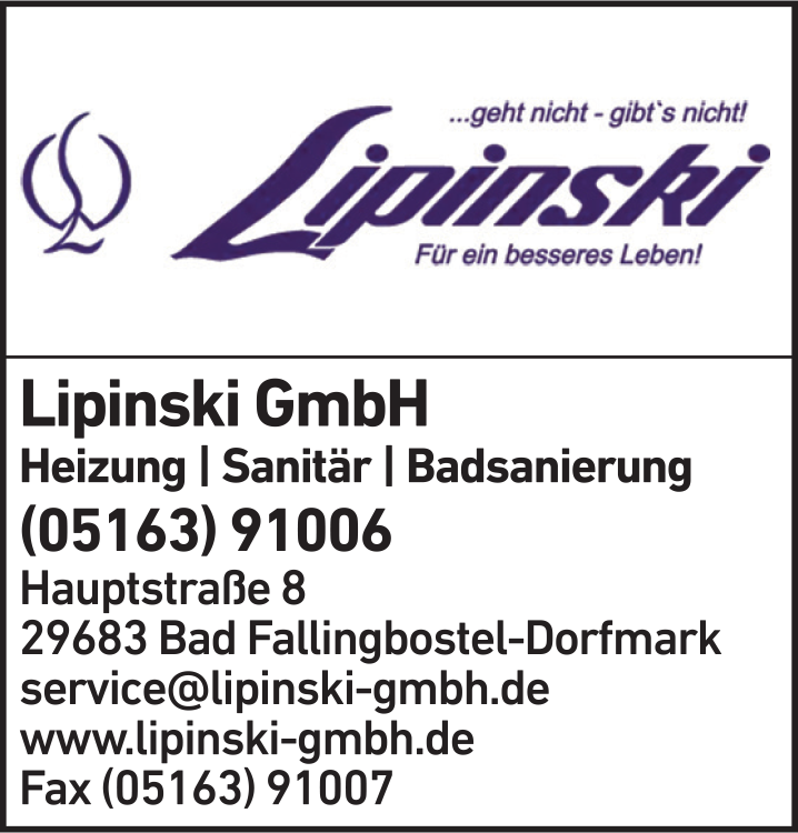 Anzeige Lipinski GmbH Heizung- und Sanitärinstallation Anzeige Lipinski GmbH Heizung- und Sanitärinstallation