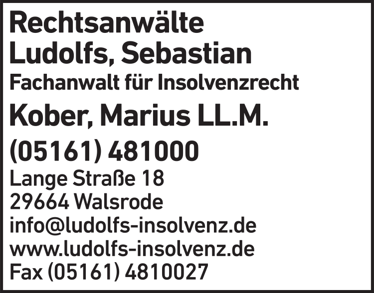 Anzeige Ludolfs Sebastian u. Kober Marius Rechtsanwälte Anzeige Ludolfs Sebastian u. Kober Marius Rechtsanwälte